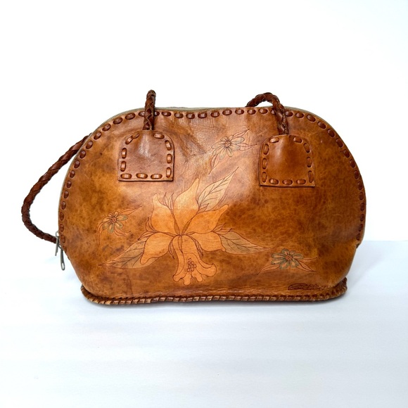 Vintage from de 2000’s Brown Raw Leather Floral Hand—Painted Shoulder Bag. - Picture 2 of 11